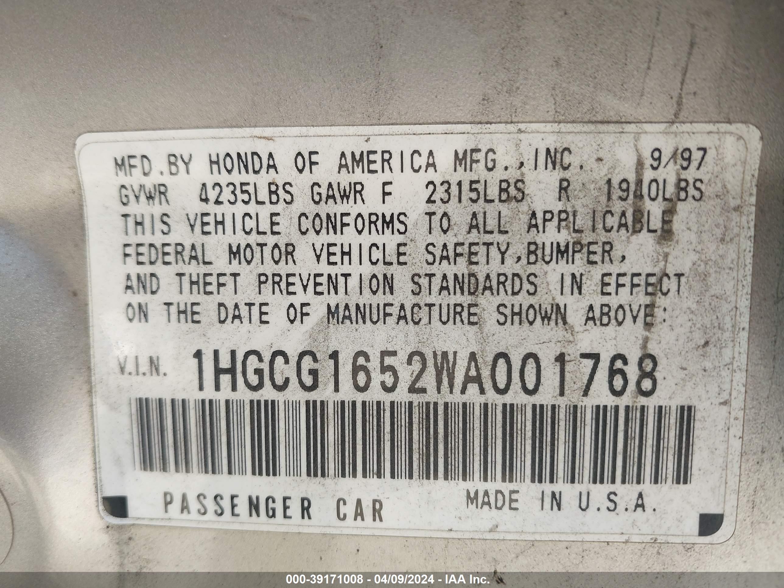 1HGCG1652WA001768  - HONDA ACCORD  1998 IMG - 8