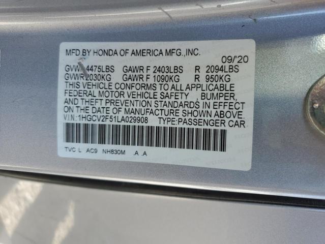 1HGCV2F51LA029908  - HONDA ACCORD EXL  2020 IMG - 9