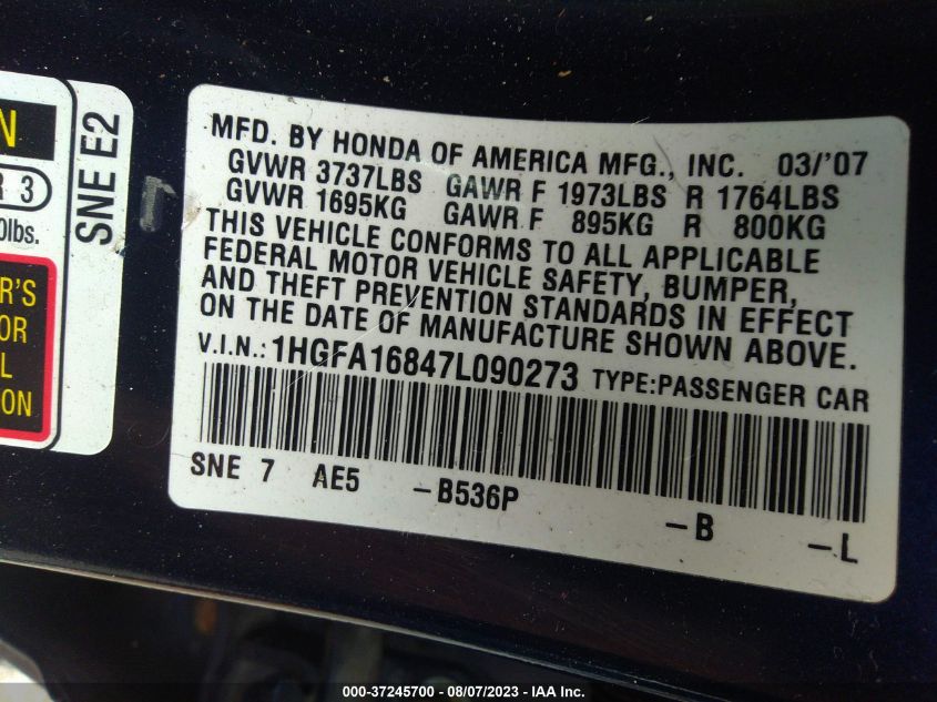 1HGFA16847L090273  - HONDA CIVIC  2007 IMG - 8