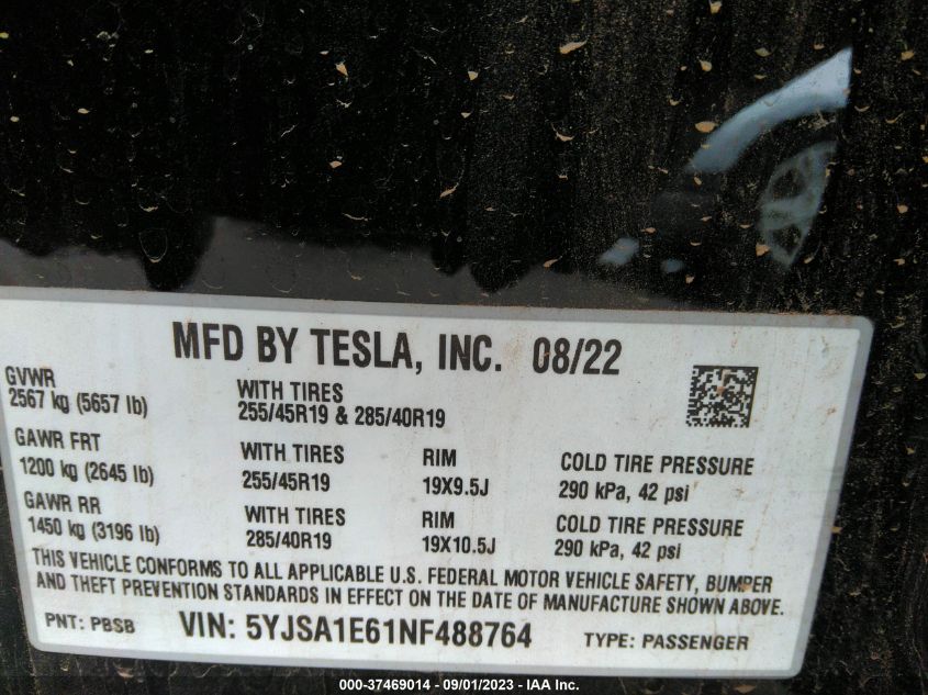 5YJSA1E61NF488764 CB0522YA - TESLA MODEL S  2022 IMG - 8