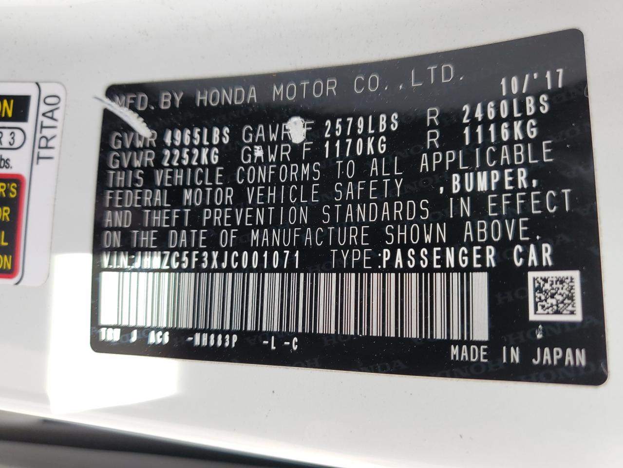 JHMZC5F3XJC001071 KA3106MX - HONDA CLARITY  2017 IMG - 12