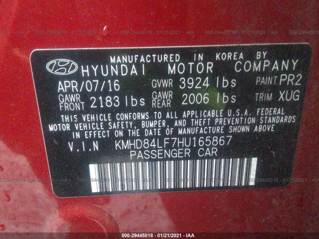 KMHD84LF7HU165867 AE1889PB - HYUNDAI ELANTRA  2016 IMG - 8