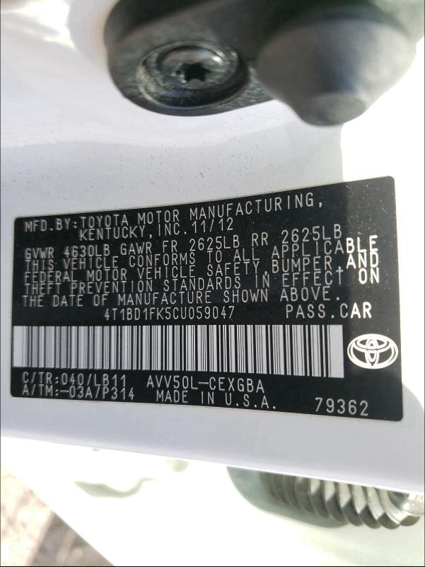 4T1BD1FK5CU059047 BC5185PA - TOYOTA CAMRY  2012 IMG - 9