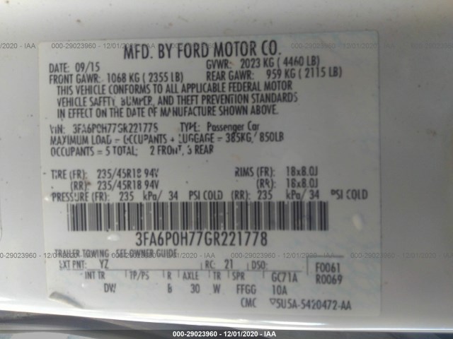 3FA6P0H77GR221778 BA9109HB - FORD FUSION  2015 IMG - 8