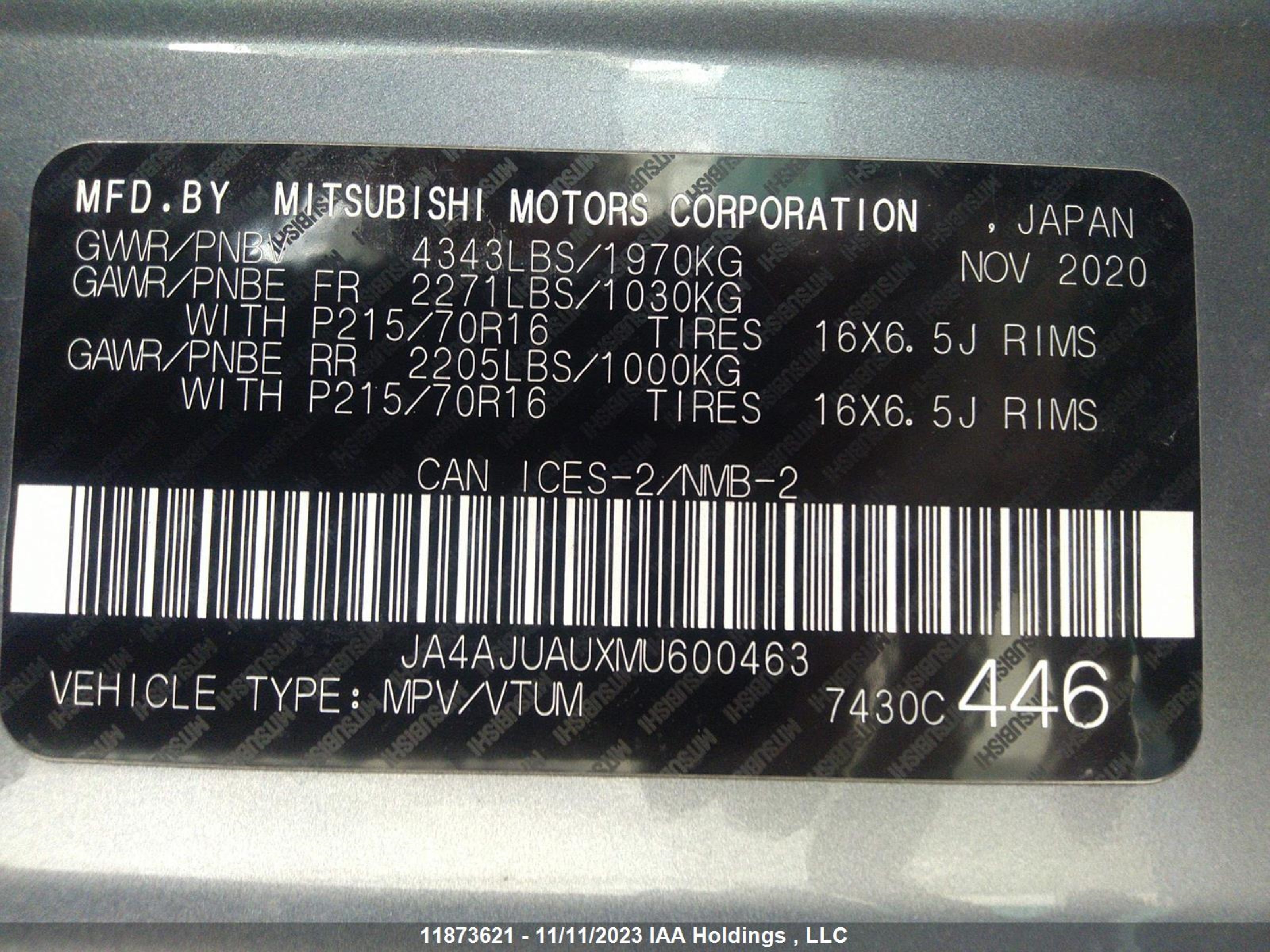 JA4AJUAUXMU600463  - MITSUBISHI RVR  2021 IMG - 8