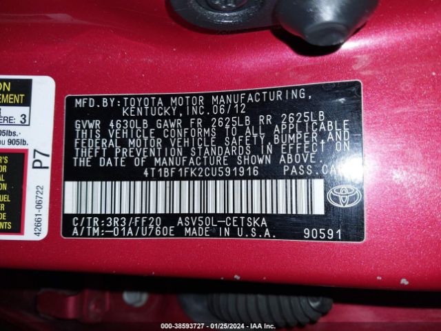 4T1BF1FK2CU591916  - TOYOTA CAMRY  2012 IMG - 8