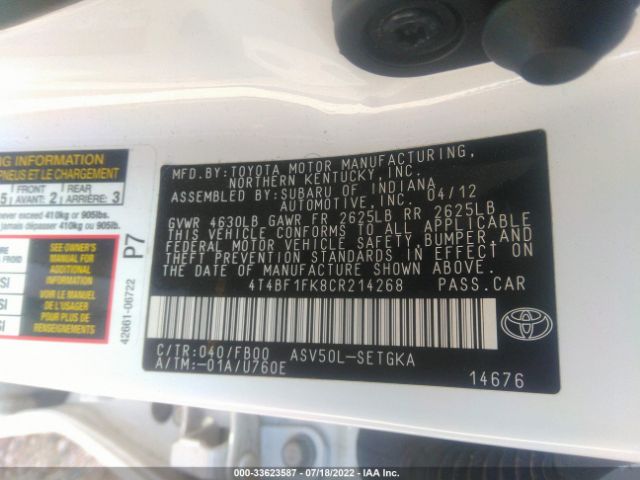 4T4BF1FK8CR214268  - TOYOTA CAMRY  2012 IMG - 8