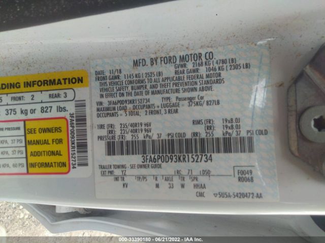 3FA6P0D93KR152734  - FORD FUSION  2019 IMG - 8