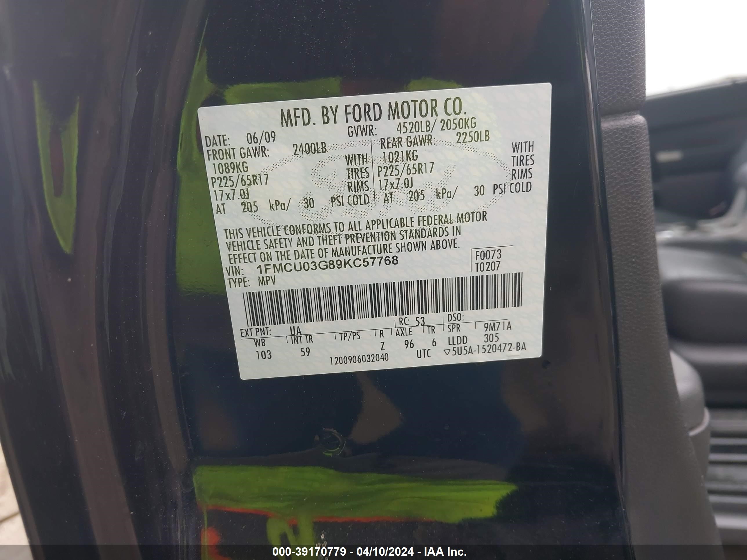 1FMCU03G89KC57768  - FORD ESCAPE  2009 IMG - 8