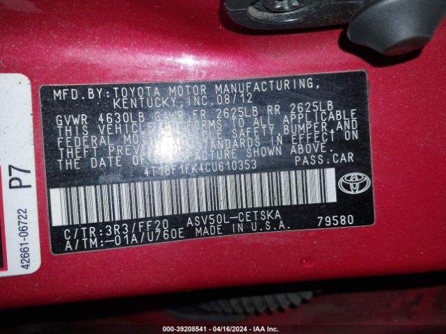 4T1BF1FK4CU610353  - TOYOTA CAMRY  2012 IMG - 8