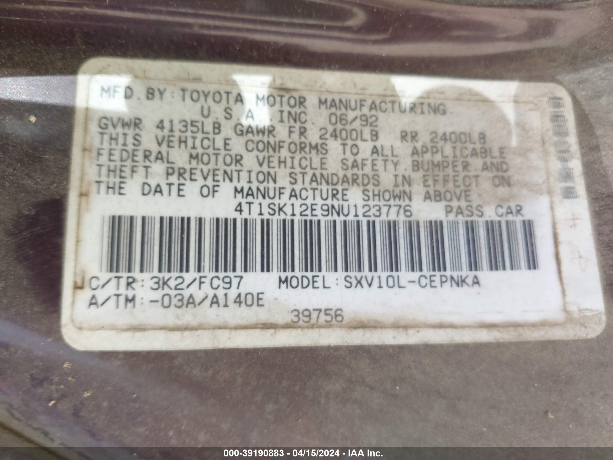 4T1SK12E9NU123776  - TOYOTA CAMRY  1992 IMG - 8