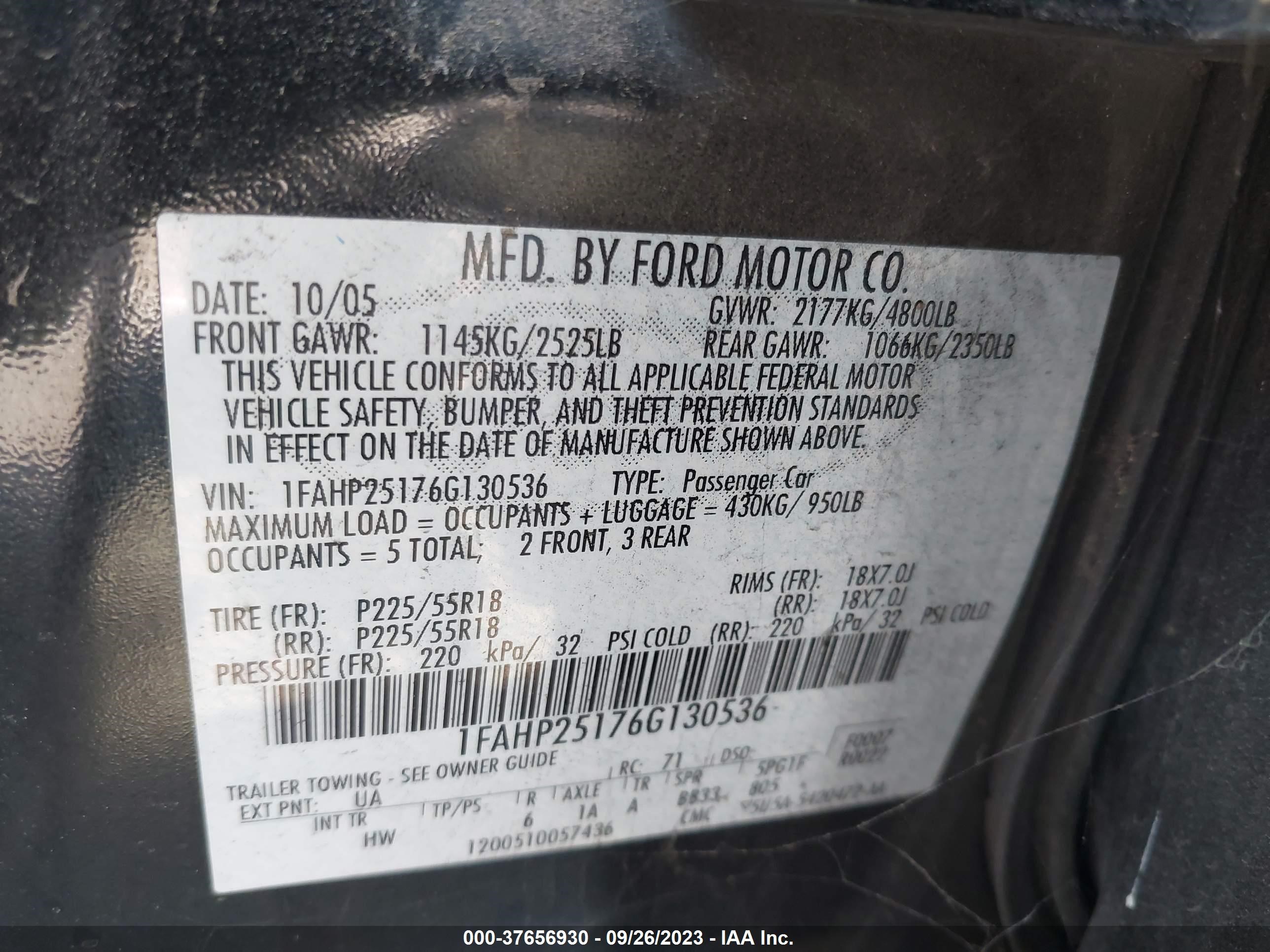 1FAHP25176G130536  - FORD FIVE HUNDRED  2006 IMG - 8
