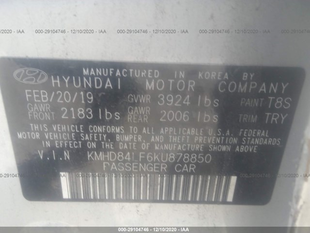 KMHD84LF6KU878850 KA4825HP - HYUNDAI ELANTRA  2019 IMG - 8
