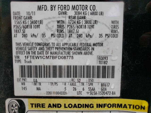 1FTEW1CM7BFD08775  - FORD F150 SUPER  2011 IMG - 9