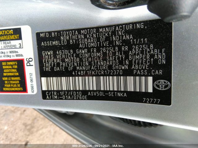 4T4BF1FK7CR172370  - TOYOTA CAMRY  2012 IMG - 8